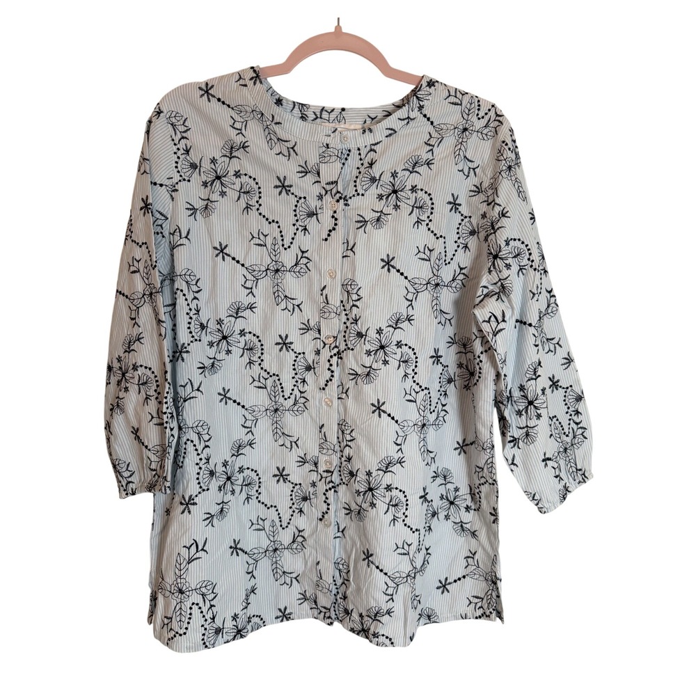 National Womens Blue White Striped Floral Embroidered Button Up Blouse Large NEW